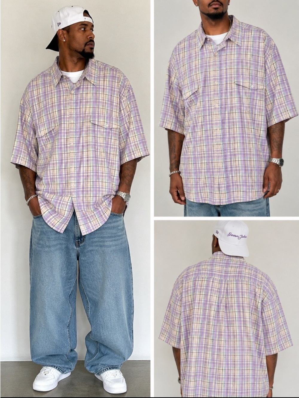 Vintage Sean John Y2K Oversized Plaid Button-Up Shirt XXXL Purple white black